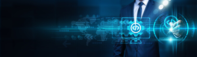 Software development. Businessman touches software development framework structure global network. Software development process evolves global connected. Technology-driven development enhances.