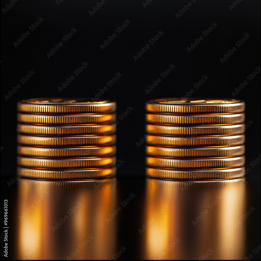Poster stacks of shiny gold coins are arranged symmetrically against dark background, creating striking vis
