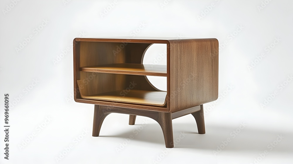 Poster minimalist and elegant wooden nightstand with open shelf placed on a white background highlighting t