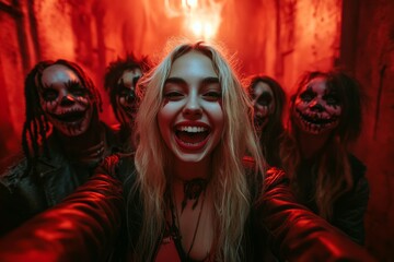 Halloween party with friends in costumes and masks, under eerie red lighting