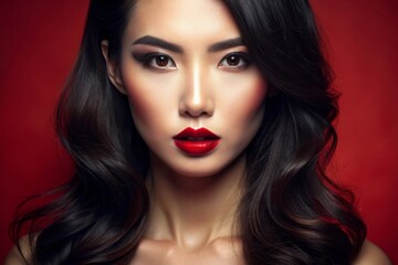Fototapeta premium sensual glamour portrait of beautiful woman model lady with fresh daily makeup with red lips color and clean healthy skin face