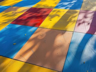 Vibrant colors and playful shadows on a painted pavement in a sunlit park