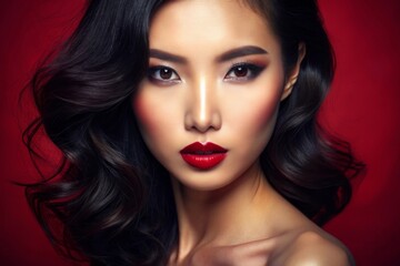 Fototapeta premium sensual glamour portrait of beautiful woman model lady with fresh daily makeup with red lips color and clean healthy skin face