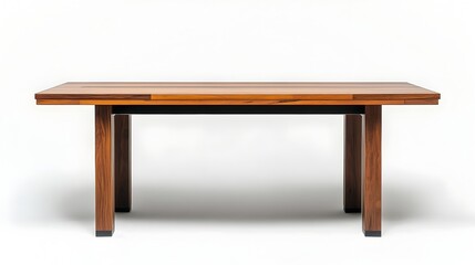 Minimalist and modern rectangular dining table with a sleek wooden top isolated on a clean white background