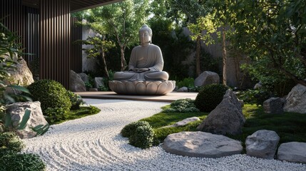 Fototapeta premium A zen meditation garden, surrounded by tranquility and health focused elements, 50 keywords