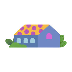Vector isolated hand drawn cartoon house,hills and trees.Countryside buiding in the spring or summer.Green eco town design concept for banners,real estate,prints,smm,advertising,branding,packaging.