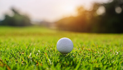 White golf ball on grass, green field with sunlight. Golf club, professional competition and sport