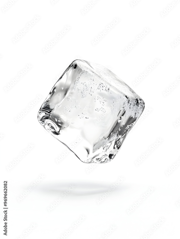 Poster minimalist and simple image of a single clear transparent frozen ice cube crystal against a plain wh