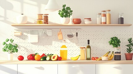 A clean, minimalist kitchen filled with fresh fruits, vegetables, and healthy cooking tools, 50 keywords