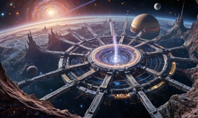 Futuristic Cityscape on Alien World with Cosmic Vortex