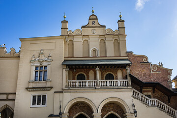 Fragments of the famous Sukiennice (Cloth Hall) on Rynek Glowny (Market Square). Sukiennice built in mid-thirteenth century. Sukiennice most important landmark of Krakow. Poland.