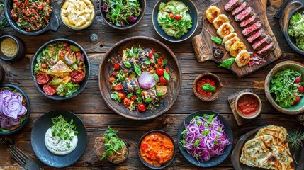 A vibrant array of gourmet dishes laid out on a rustic wooden table, ready for a feast, 50 keywords