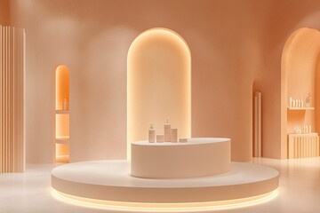 Pastel-colored round podium with soft lighting, creating a warm and welcoming atmosphere for everyday products. generative ai