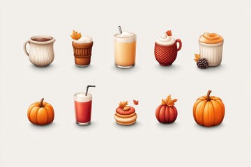 Collage of autumn beverages including coffee, tea, and pumpkin latte on white background