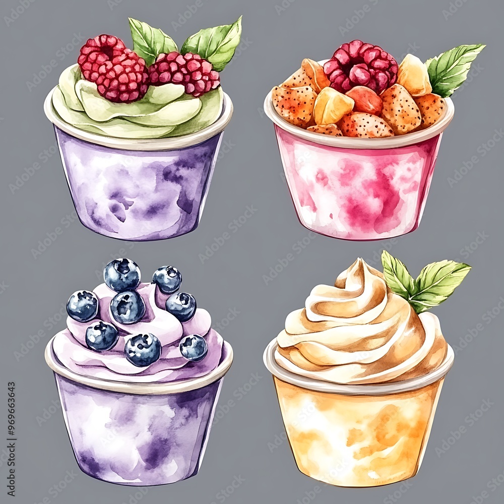 Wall mural Watercolor Illustration of Four Cups of Ice Cream with Berries and Fruit