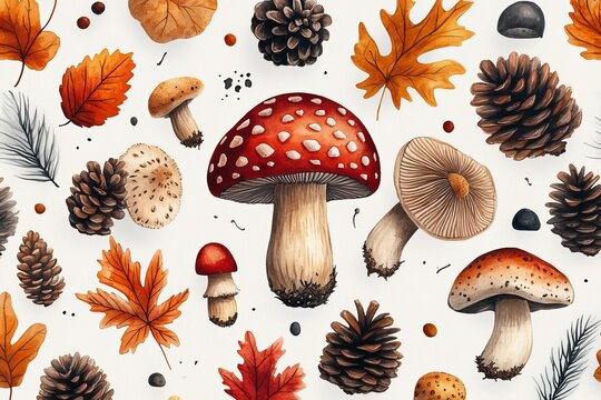 Illustration of wild mushrooms with autumn leaves and pinecones in a woodland pattern