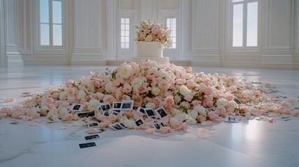 Fototapeta premium Scattered Polaroid photos create a nostalgic touch on the floor, while a stunning wedding cake and soft pastel pink flowers enhance the romantic atmosphere of the venue