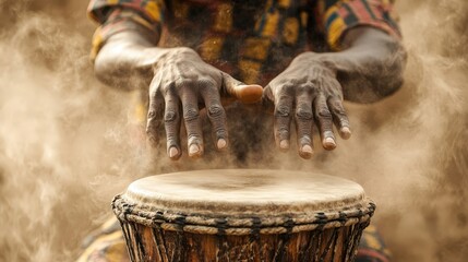Hands of a drummer skillfully play a traditional African drum, sending up clouds of dust in a lively atmosphere filled with rhythm and culture