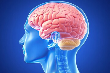 Obraz premium Quantum tunneling quantum coherence fractal geometry signal transduction and energy propagation detailed anatomical illustration of the human brain in a transparent head on a blue background