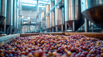 Naklejka premium Close up of grape skins in fermentation, showcasing vibrant colors and textures in modern winery setting. atmosphere is lively and rich with essence of winemaking