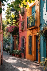 Obraz premium Charming alleyway adorned with vibrant colors and lush plants in a historic neighborhood