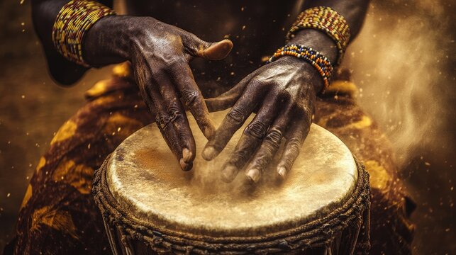 An African drummer skillfully strikes the surface of a traditional drum. Dust rises with each powerful motion, capturing the energy and intensity of the celebration