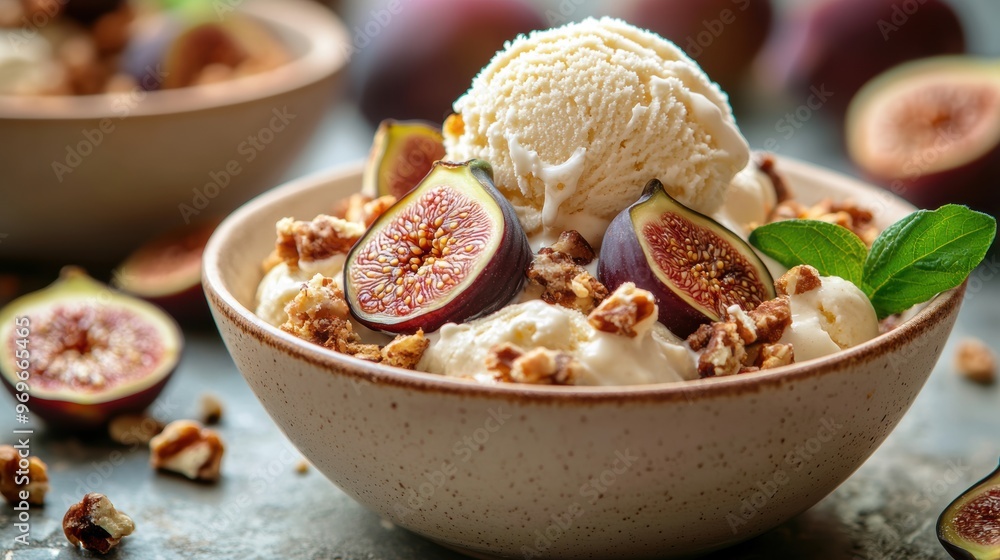 Poster newly baked fig dessert with a dollop of vanilla ice cream, ideal for a summer treat ad idea