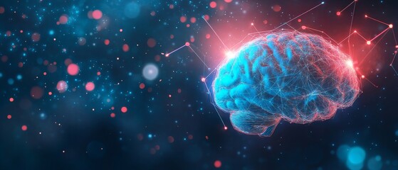 Fototapeta premium Blue Digital Brain on Abstract Background with Light Particles and Connection Lines.