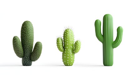 Set of 3D cactus plants on a white background.