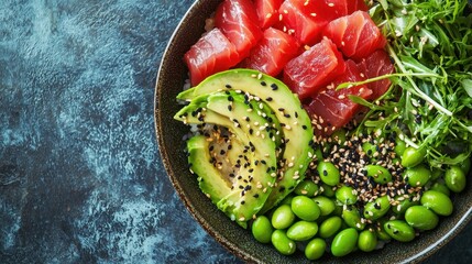 A fresh poke bowl with ahi tuna, avocado, edamame, and sesame seeds, 50 keywords