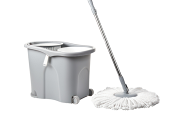 A white mop and bucket with a wringer, isolated on a white background