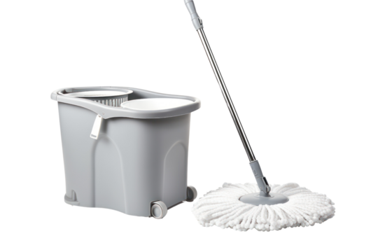 A white mop and bucket with a wringer, isolated on a white background