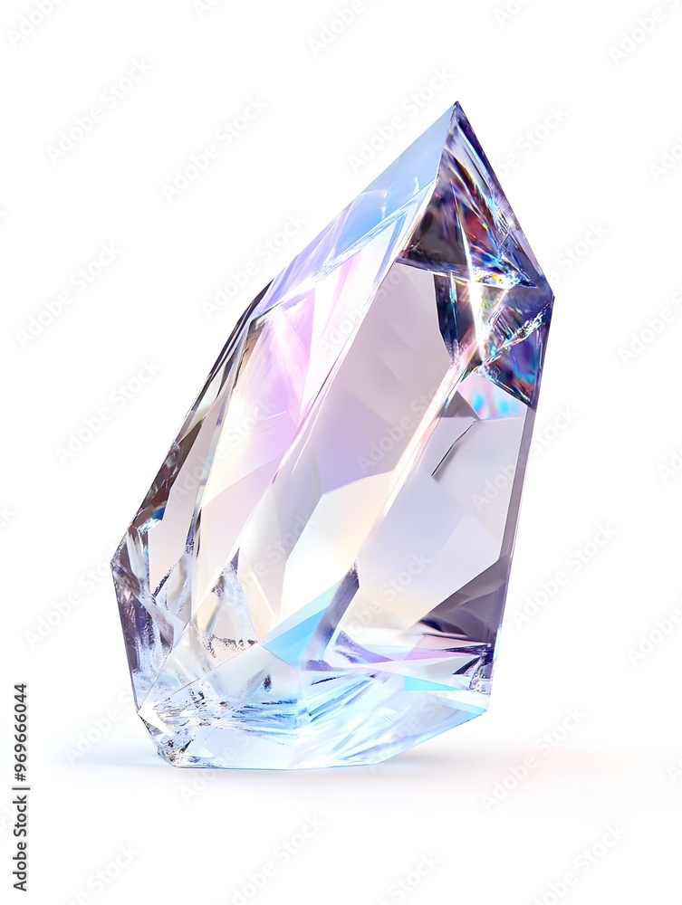 Poster Multicolored prismatic crystal gem with intricate facets refracting and reflecting light to create a dazzling iridescent display of colors and patterns  The geometric