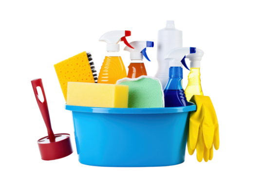 A white bucket filled with cleaning supplies, including a sponge, rubber gloves, dish soap, and a spray bottle, isolated on a white background