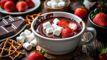 A decadent chocolate fondue with fresh strawberries, marshmallows, and pretzels for dipping