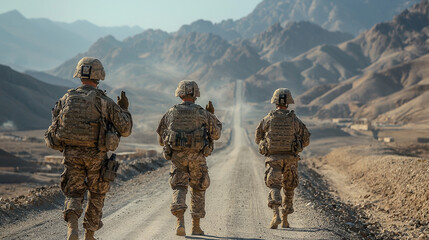 Three soldiers walk down a dusty road in a desert landscape.
