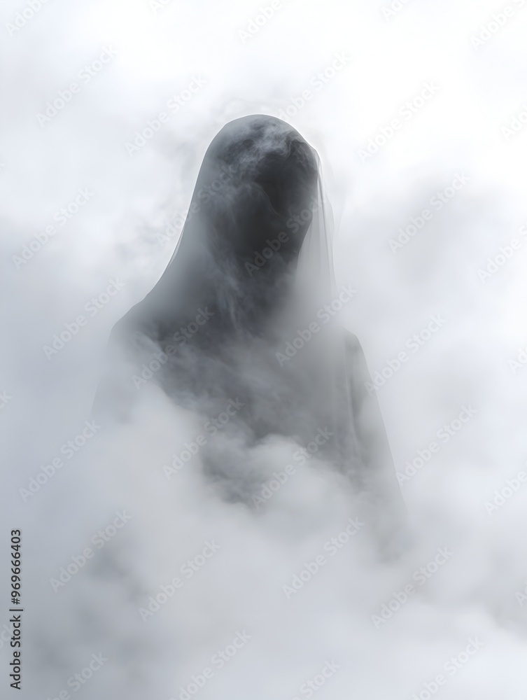 Poster mysterious ghostly silhouette emerging from dense misty fog creating an ethereal and haunting atmosp