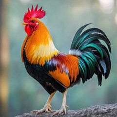 Fototapeta premium A vibrant and colorful rooster stands proudly, showcasing its striking plumage with shades of orange, yellow, green, and black. This majestic bird exudes confidence and beauty in its natural habitat