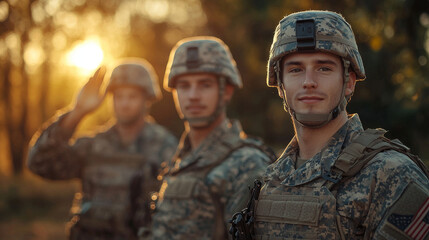 Fototapeta premium A young Caucasian soldier in camouflage gear stands at attention in the forest.