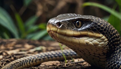 Close-up of cartoon king cobra snake's head, highlighting its detailed features.