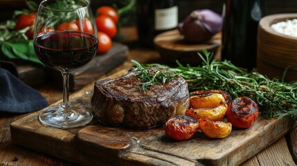 A rustic dinner scene with a steak cooked to perfection, paired with red wine and roasted vegetables