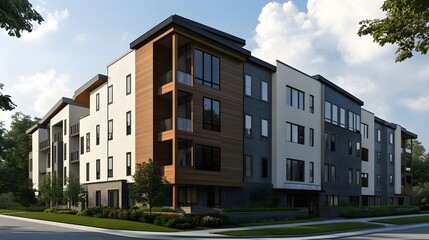 The exterior facade of a contemporary multifamily building featuring Hardie plank siding