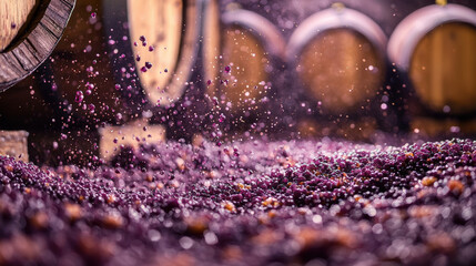 Close up of yeast in action with grape juice, showcasing fermentation process. vibrant colors and dynamic splashes create an engaging visual of winemaking