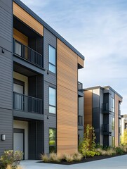The exterior facade of a contemporary multifamily building featuring Hardie plank siding