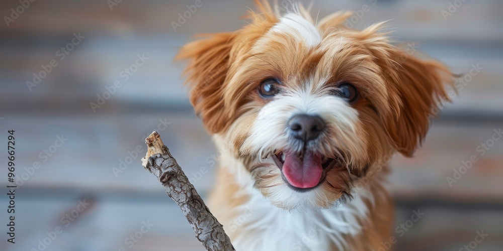 Poster joyful puppy with stick in empty space