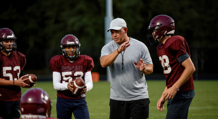 Football coach instructing teenage players during a practice session.