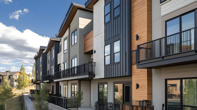 The exterior facade of a contemporary multifamily building featuring Hardie plank siding
