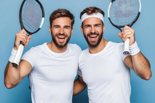Two smiling men, dressed in white tennis attire, celebrate their love during a fun match. Their laughter and excitement fill the vibrant indoor court, showcasing a joyful connection. - Powered by Adobe