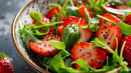 Fresh Strawberry Spinach Salad on Wooden Table. Strawberry, Basil and Arugula Salad with Lots