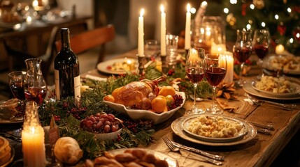 Fototapeta premium A dinner table set for a festive holiday meal, with candles, wine, and seasonal dishes, 50 keywords